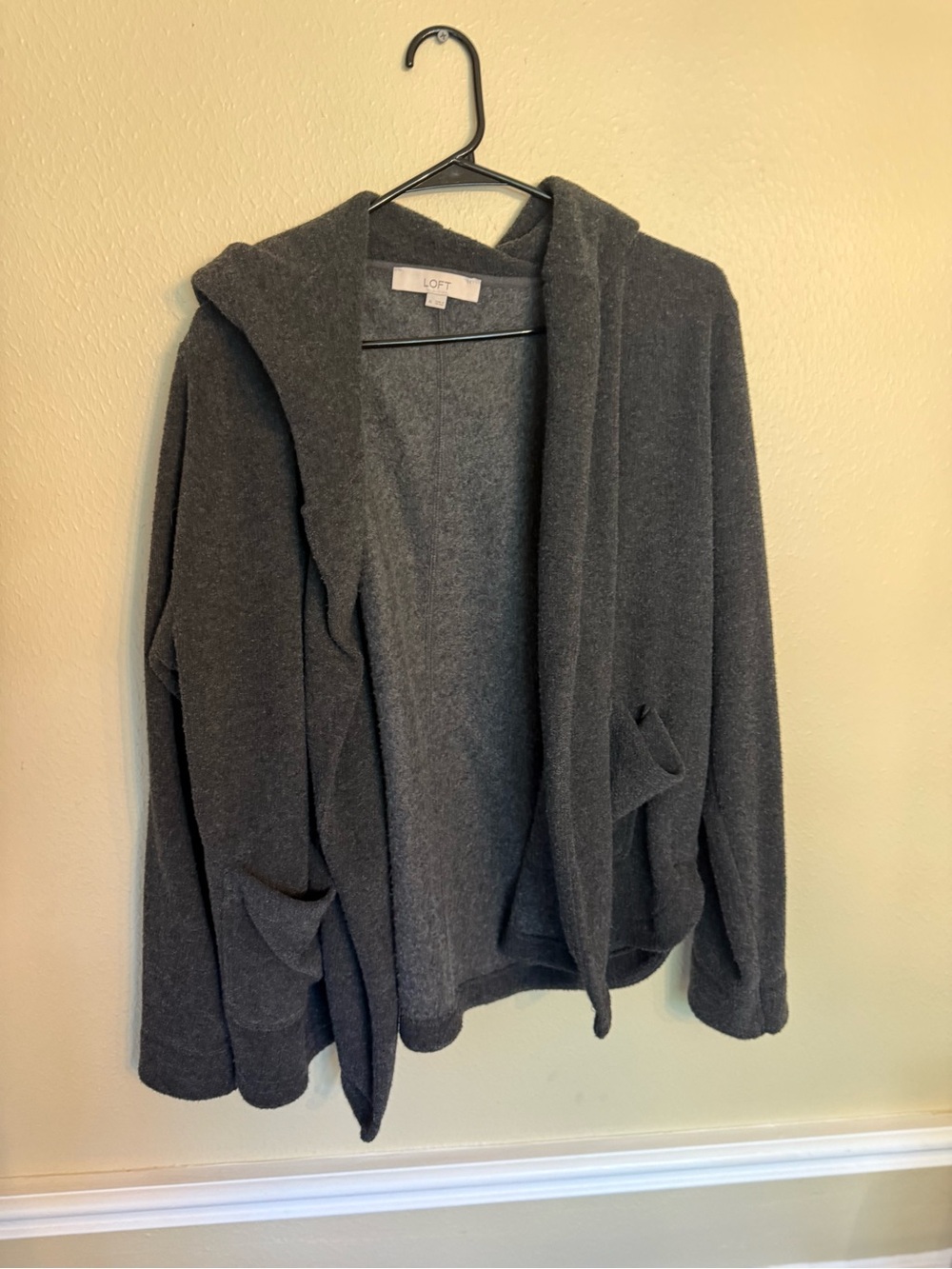 LOFT charcoal hooded open-front cardigan